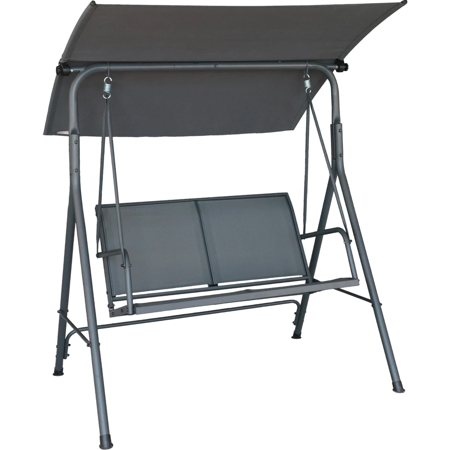 Anthrazitfarbene Hollywoodschaukel Apango aus Stahl mit Textilbespannung und Sonnendach.