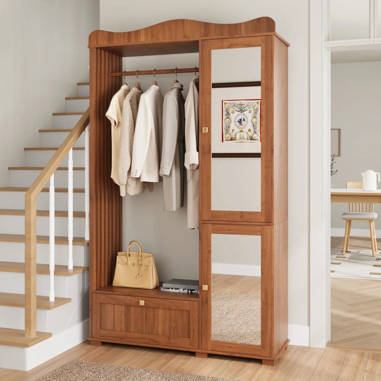 okwish Garderobenschrank mit Spiegel Kleiderständer Schublade 115,5x38x194cm Braun kaufen bei OBI