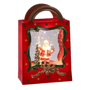 Rote Weihnachtsdekoration in Geschenktaschenform mit leuchtendem Weihnachtsmann, Glitzer und LED-Beleuchtung.