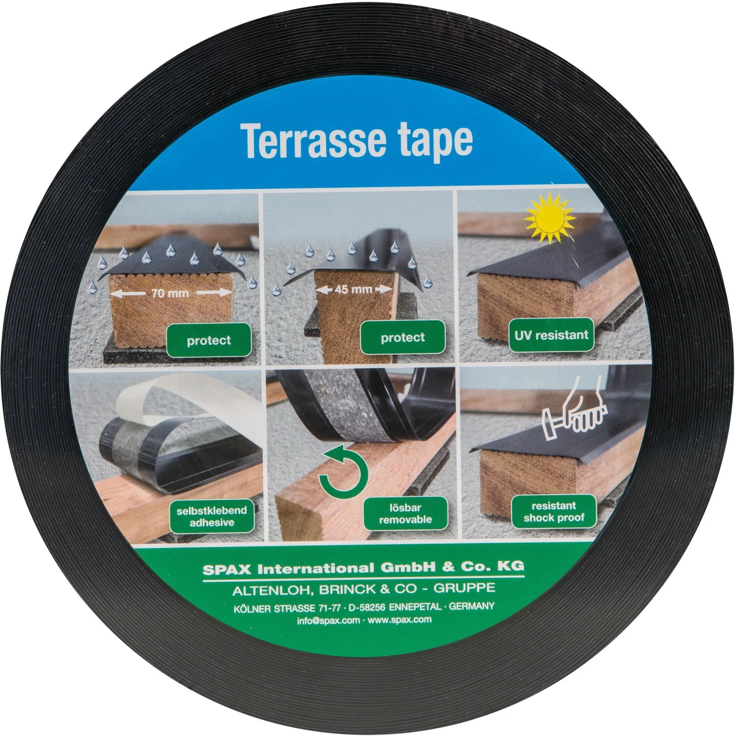 SPAX® Tape 87 PE, selbstklebend, 87 mm x 30 m Rolle für Terrassendielen. Schützt vor Feuchtigkeit.