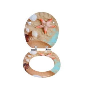 Sinobath WC-Sitz oval, Strand-Design mit Sand, Seestern, Muscheln und Strohhut. Mit Absenkautomatik.