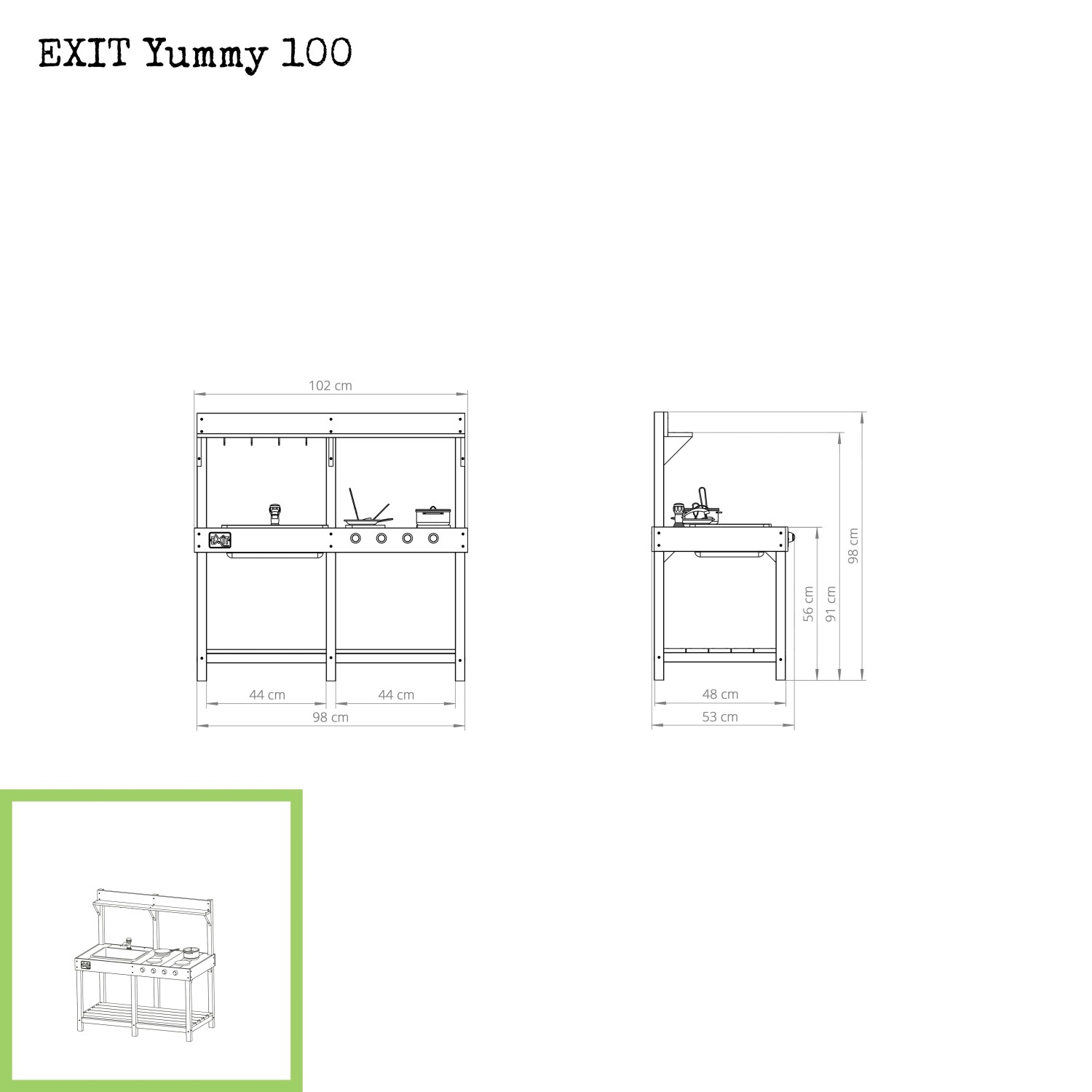 Skizze der Exit Toys Yummy 100 Spielküche aus Holz mit Maßangaben.