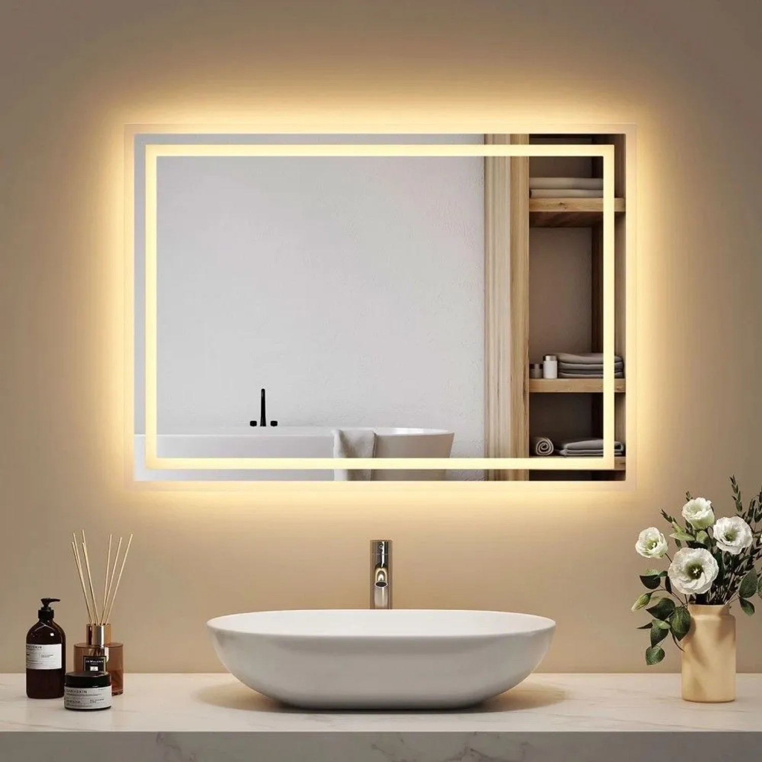Rechteckiger Emke Badspiegel 50x70 cm mit warmweißer LED-Beleuchtung, über einem Waschbecken im modernen Bad.