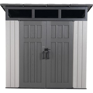 Lifetime Gerätehaus Merkur, dunkelgraues Kunststoff-Gartenhaus mit Doppeltür und Oberlicht.