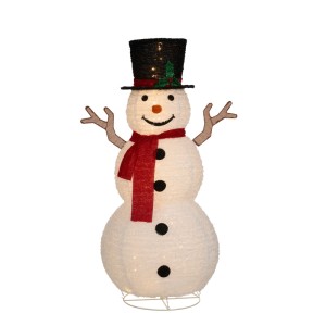 Weißer Luca Lighting LED Schneemann mit schwarzem Zylinder, rotem Schal und warmweißem Licht. Außen-Weihnachtsfigur.