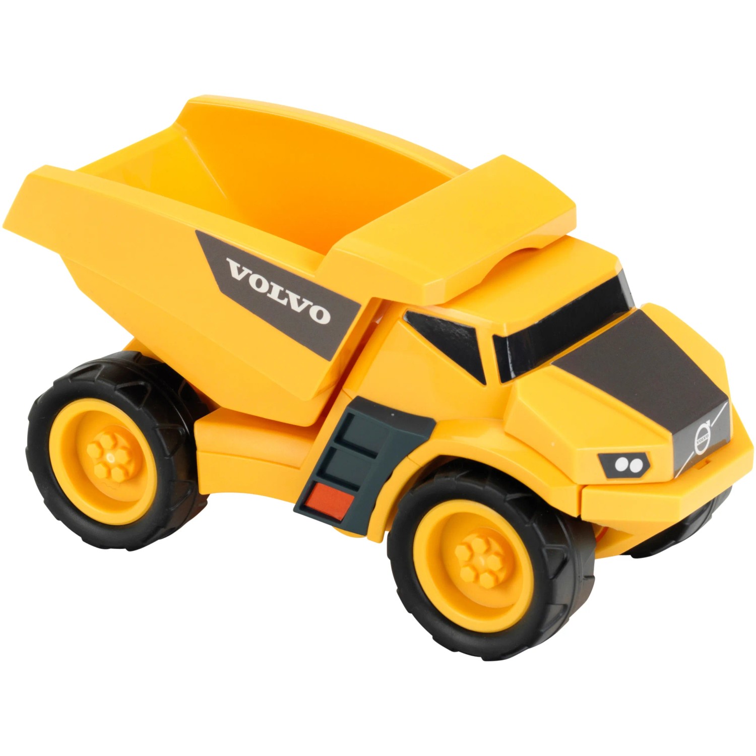 Gelber Volvo Power Kipplaster aus Kunststoff, robustes Spielzeug für Kinder.