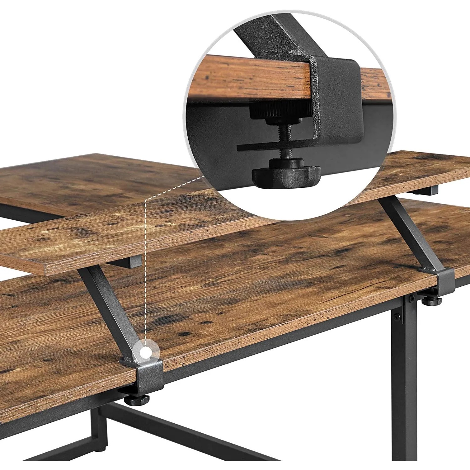 Detailansicht: L-förmiger Vasagle Computertisch mit Monitoraufsatz, braun-schwarz.