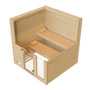 Weka Massivholzsauna Valida mit Glastür und zwei Liegen aus Fichtenholz, ohne Ofen.