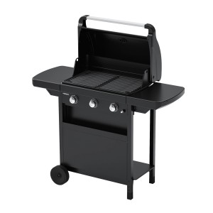 Campingaz Gasgrill Compact 3 L, schwarzer Grill mit 3 Brennern und Ablageflächen.