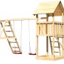 Karibu Spielturm Lotti mit Doppelschaukel, Klettergerüst und Netzrampe aus Holz.