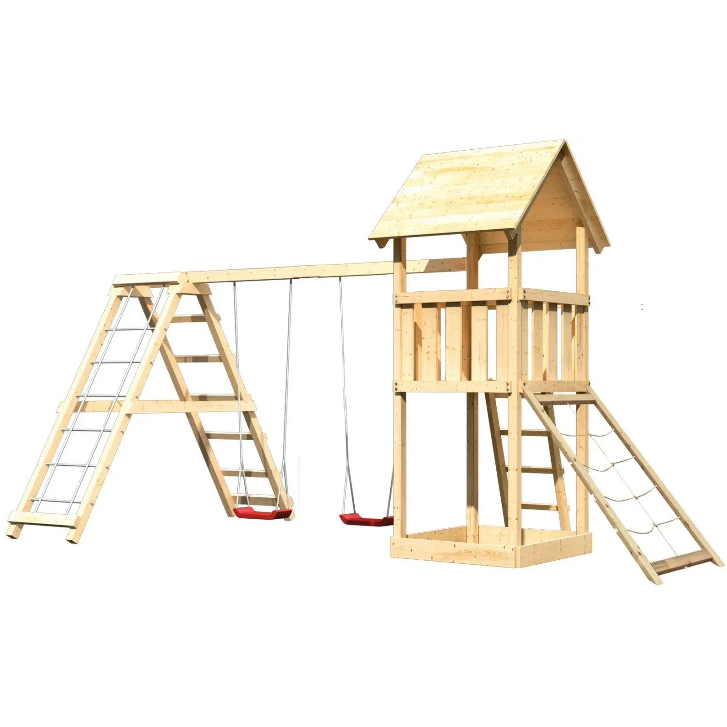 Karibu Spielturm Lotti mit Doppelschaukel, Klettergerüst und Netzrampe aus Holz.