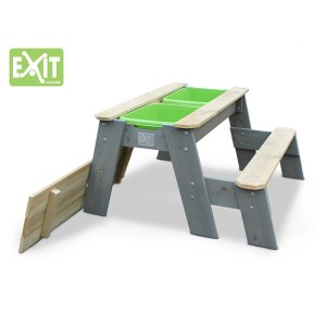 EXIT Aksent Sand-, Wasser- und Picknicktisch mit Bank aus Holz, grau und naturfarben.