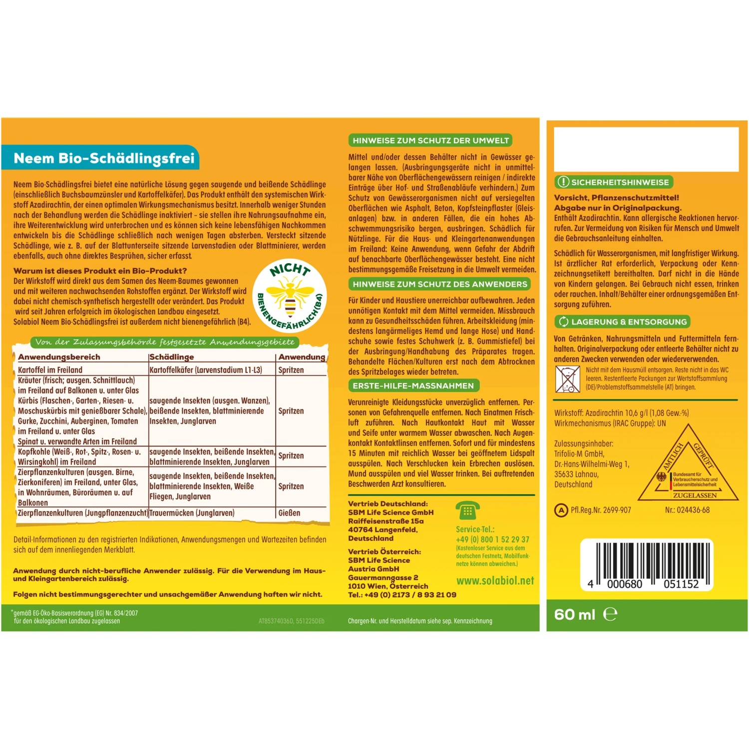 Etikett Solabiol Neem Bio-Schädlingsfrei: Natürlicher Schutz für Pflanzen im Garten.