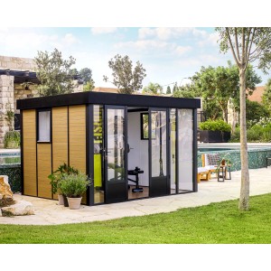 Modernes Palram Canopia Gerätehaus/Gartenstudio mit Schiebetüren und WPC-Verkleidung.