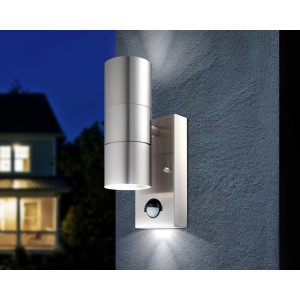 Moderne 2-flammige Globo LED-Außenwandleuchte Style mit Bewegungsmelder aus Edelstahl.