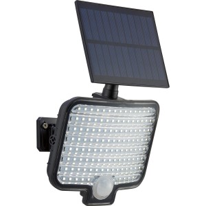 Schwarzer Solar-LED-Außenstrahler mit Bewegungssensor und Solarpanel für die Wandmontage.