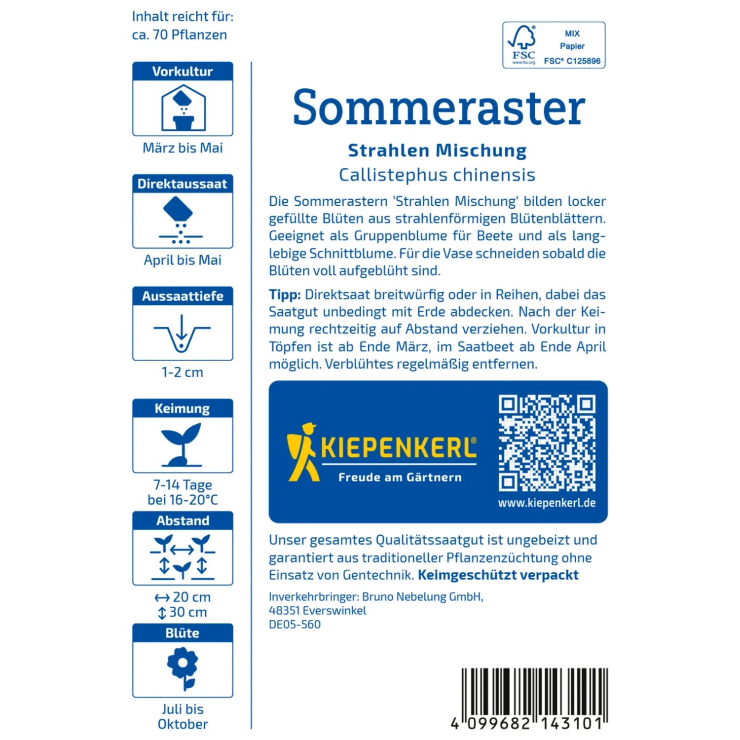 Kiepenkerl Sommeraster Strahlen Mischung, mehrfarbig. Blumensamen für farbenfrohe Sommerbeete und zum Schnitt.