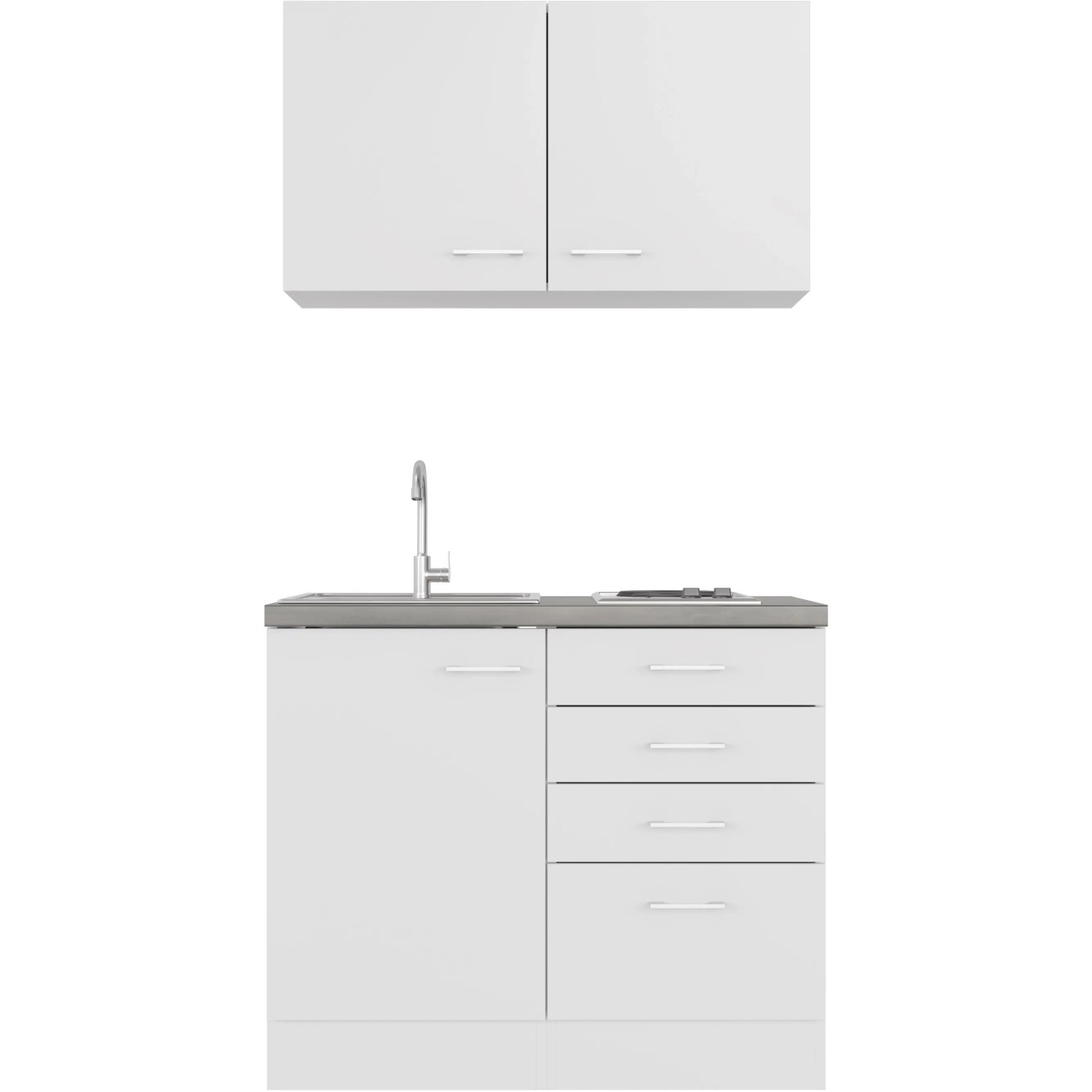 Flex-Well Miniküche Lucca, 100 cm, Weiß matt mit Spüle und Kochfeld.