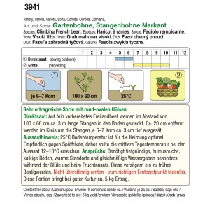 Abbildung der Verpackung von Austrosaat Stangenbohne Markant Saatgut mit Infos zu Aussaat und Ernte.