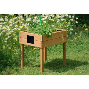 Dobar Minihochbeet aus Holz mit Tafel, 50x40x45 cm, bernsteinfarben, bepflanzt.