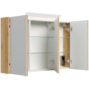 Offener Posseik Spiegelschrank 100 cm Eiche Gold mit LED-Lampe und Glasböden.