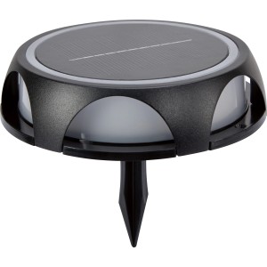 Schwarze LED Solarleuchte für den Garten, 14 cm Durchmesser, als Bodenstrahler.