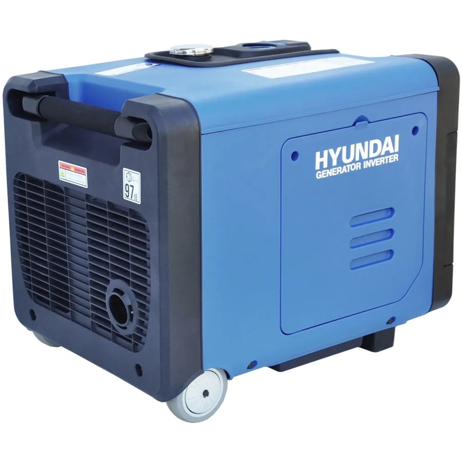 Blauer Hyundai Inverter-Generator HY4500SEi D mit Rädern und Tragegriff.