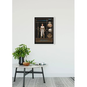 Komar Wandbild Star Wars Toy Rey, 30x40 cm, mit Rey Figur und Zubehör im Spielzeug-Look.