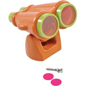 Axi Fernglas in Orange und Lindgrün für Gartenspielgeräte, mit Linsen und Befestigungsmaterial.
