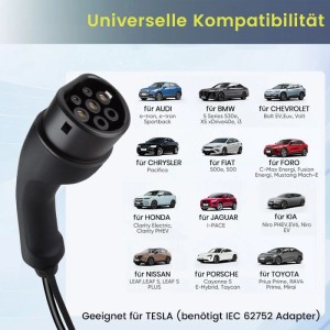 Schwarzer Typ 2 Ladestecker, Liste kompatibler Elektroautos inkl. Tesla. Universelles EV Ladekabel.