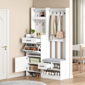 okwish Garderobenständer mit Schuhbank 7 Haken Flur 110x35x175cm Weiß