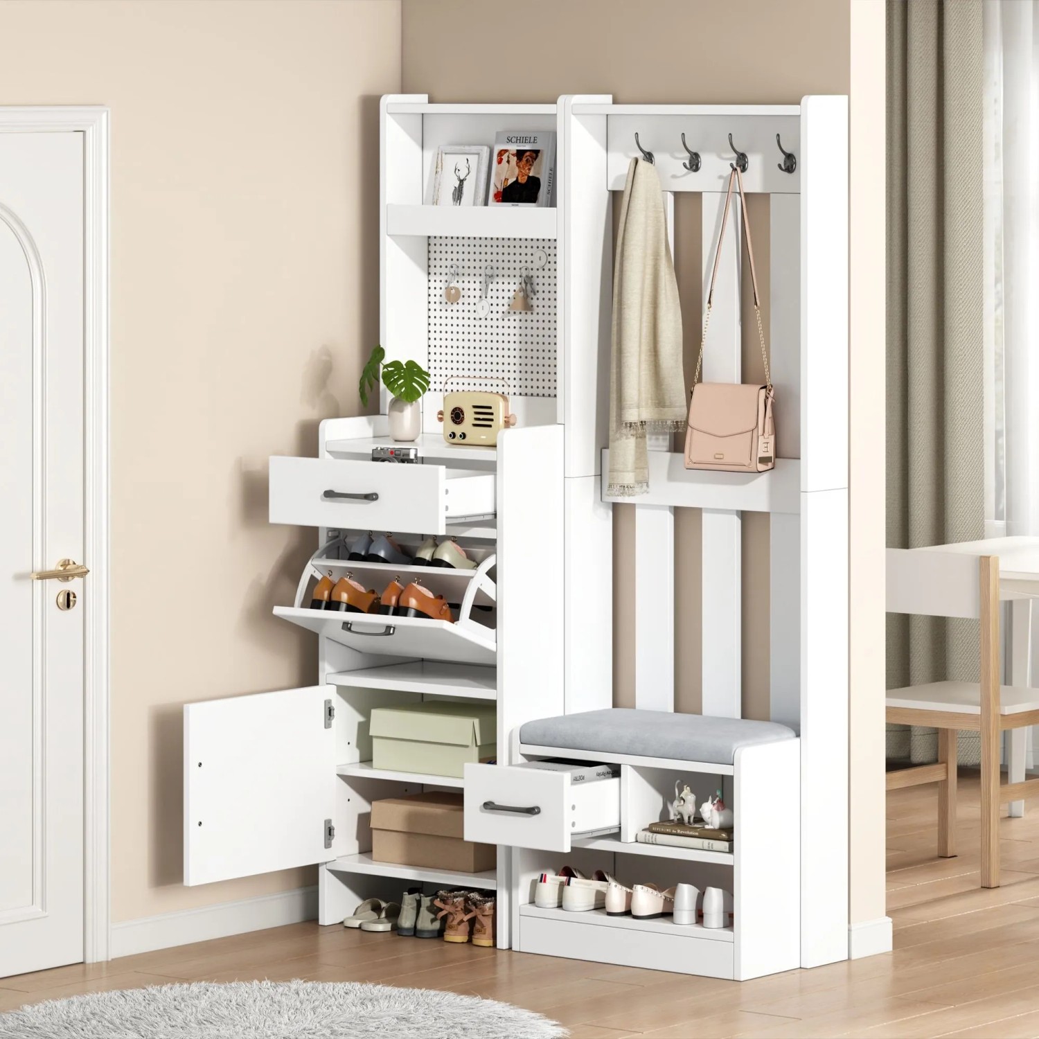 okwish Garderobenständer mit Schuhbank 7 Haken Flur 110x35x175cm Weiß_2