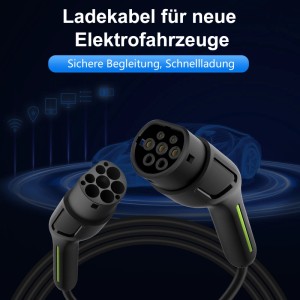 Schwarzes Junsun EV Ladekabel Typ 2, 5m, mit 22 kW 3-phasigen Steckern für Elektroautos. Ladestrom einstellbar.