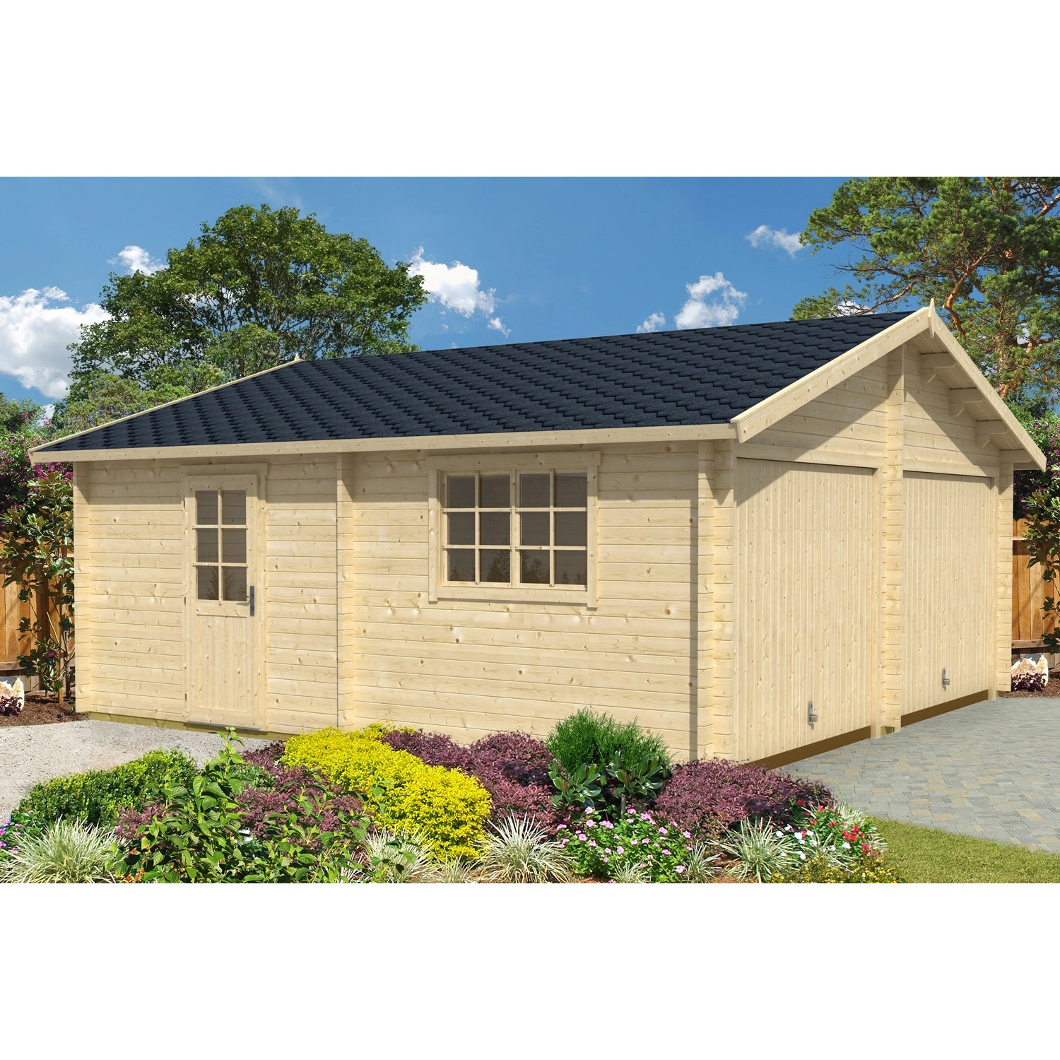 Lasita Maja Doppel-Holzgarage Falkland mit Schwingtor, Naturholz, mit Fenster und Tür.