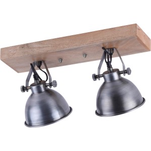 2-flammige Wand- und Deckenleuchte Samia im Vintage-Look mit Holz und silberfarbenem Eisen.