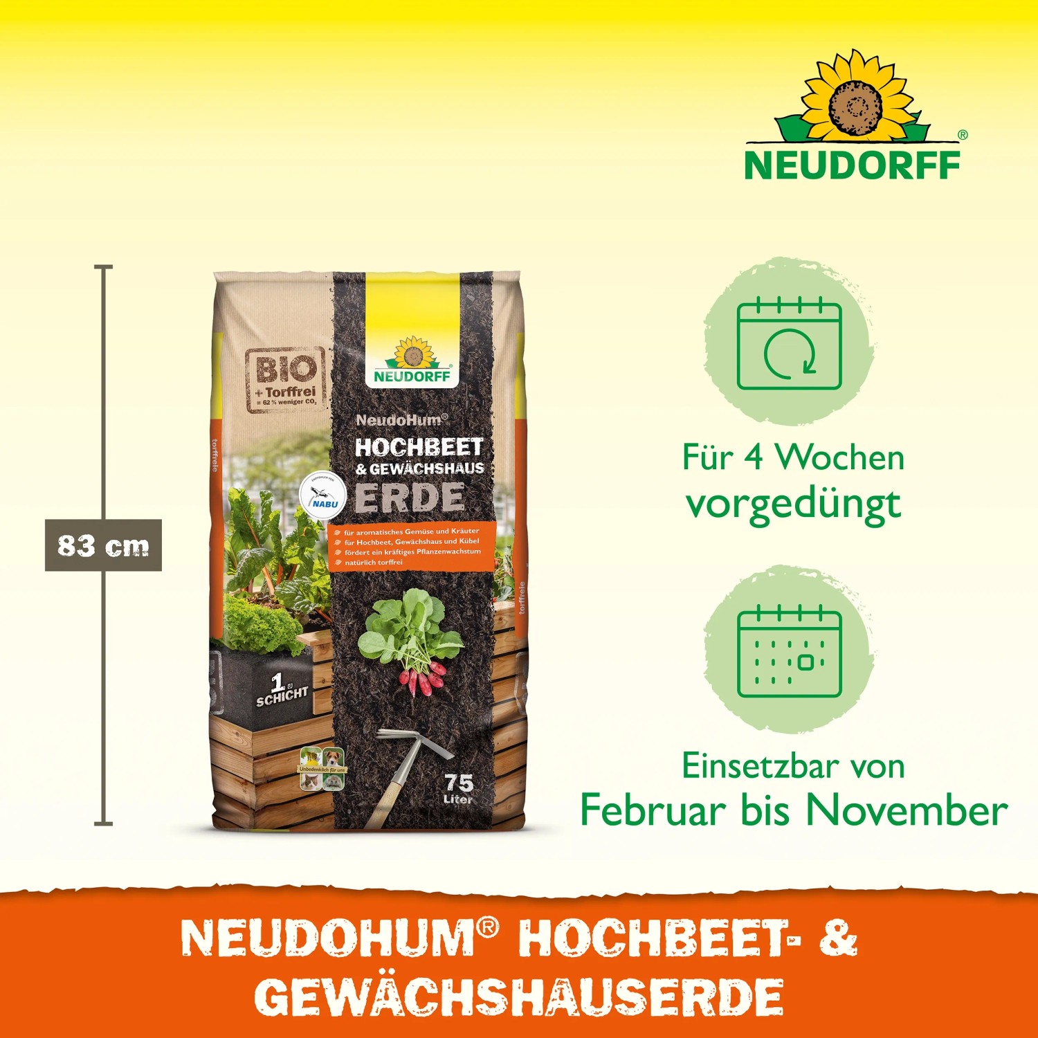 Neudorff Hochbeet- und Gewächshaus Erde Neudo Hum 75 l Sack, torffrei für Gemüse & Kräuter.