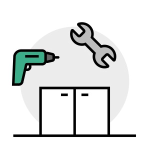 Symbolbild: Aufbauservice für Badmöbel mit Werkzeug (Schrauber, Schraubenschlüssel).