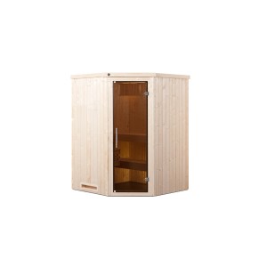Weka Element-Ecksauna Kiruna mit Glastür, 3,6 kW Sparset. Sauna aus Fichtenholz mit Ofen und Saunasteinen.