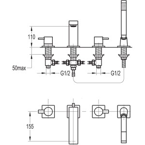 Technische Zeichnung: 4-Loch-Wannenrandarmatur TQ1000 ECKIG mit Maßangaben.