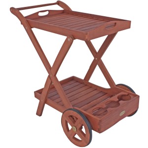 Quadratischer Garden Pleasure Klapptisch Toledo aus Holz, naturfarben, mit zwei Ablageflächen und Rädern.