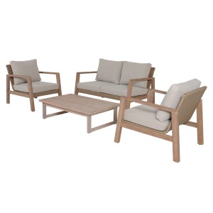 4-teiliges Lounge-Set San Mateo von Garden Pleasure mit braunem Kunststoffgeflecht und beigen Kissen.