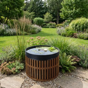 Rundes bellissa Wasserfass aus Cortenstahl mit Edelrost-Optik, als Terassenteich mit Wasserlilien im grünen Garten.