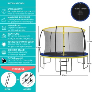 Zero Gravity Outdoor Trampolin 427cm TÜV GS Smartes Klappnetz mit Leiter und Bodenanker