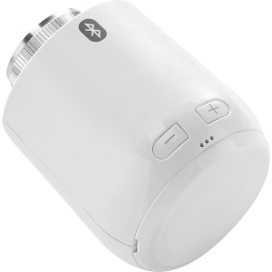 Eurotronic Comet Zero Bluetooth Thermostat zur Heizungs-Installation. Weißes Gehäuse mit Plus- und Minustasten.