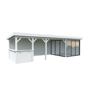 Palmako Pavillon Lenna Set 415, 876x300 cm, weiß lackiert, mit Schiebetüren und Tresen.