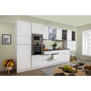 Moderne, grifflos weiße Respekta Premium Küchenzeile, 435 cm breit, mit E-Geräten.