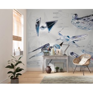 Komar Vlies Fototapete Star Wars Blueprint Light, 400x280 cm, mit Raumschiff-Motiven.