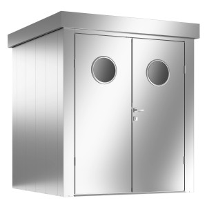 Modernes, silbernes Guardi Gerätehaus M mit Doppeltür und runden Fenstern.