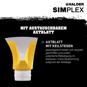 Halder Simplex Spaltaxt mit Keilstegen und Hickorystiel, Axtblatt aus Stahl, gelbes Gehäuse.