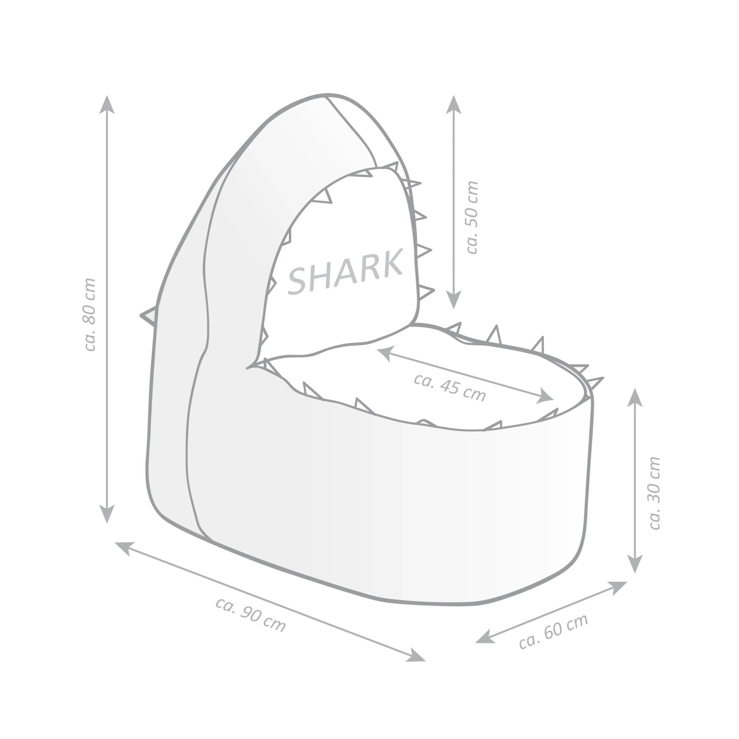 Abbildung des Sitting Point Sitzsack Shark Brava, 260 l, Bunt Haifisch mit Maßangaben.